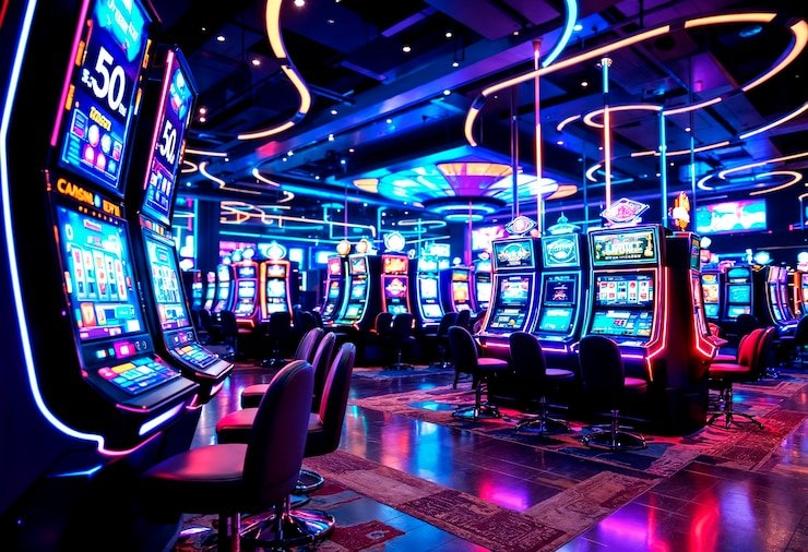 Antarmuka Galactic Gems di aplikasi mobile idcash888 dengan gulungan slot berwarna biru dan simbol batu mulia